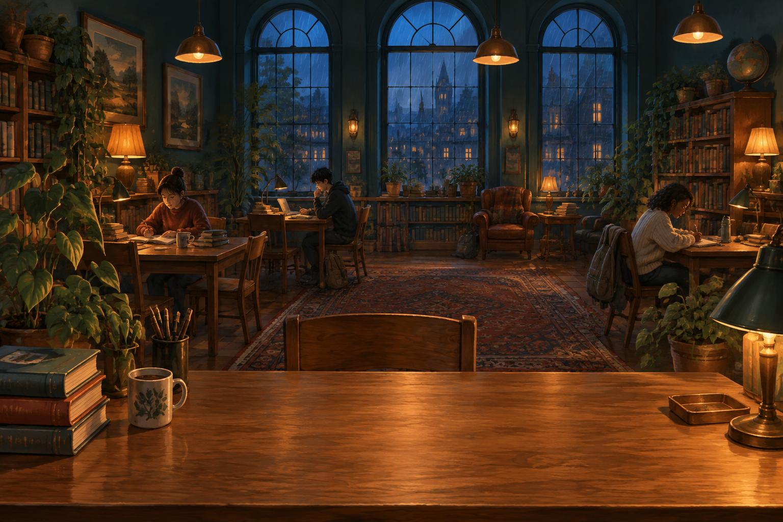 A warmly lit library study room on a rainy evening, with students quietly working